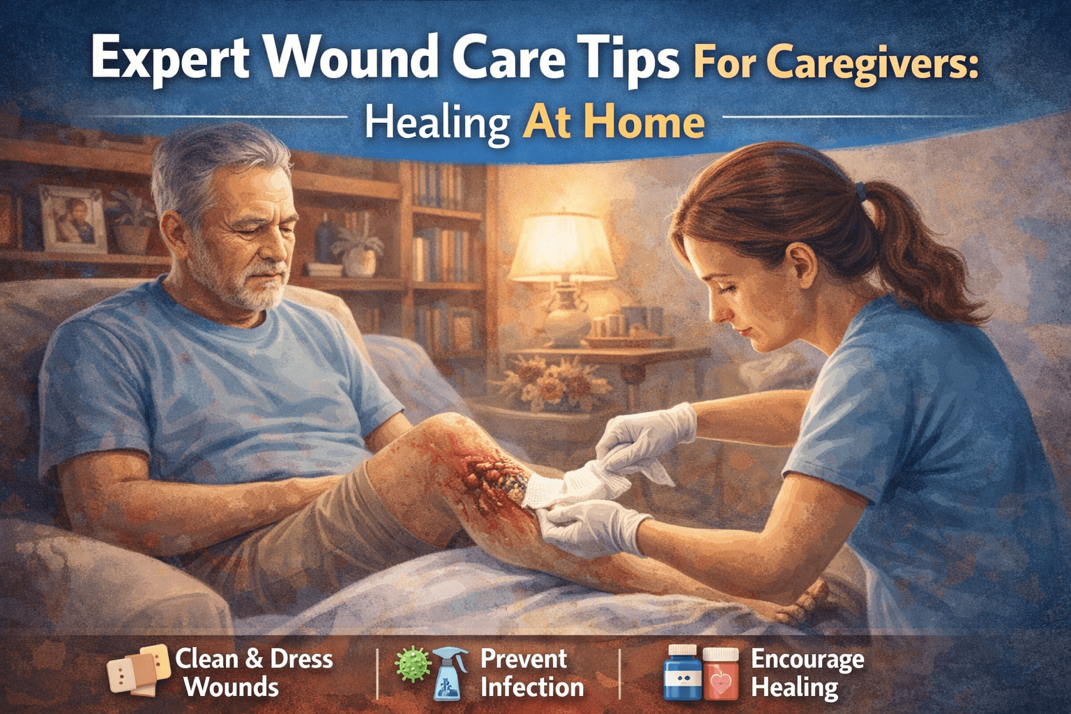 Caregiver changing an elderly patient’s leg wound dressing at home.