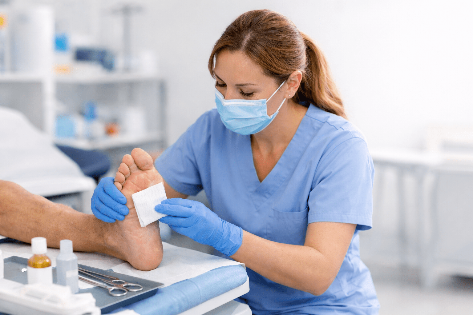 Medical professional providing advanced chronic and neuropathic ulcer treatment ​in a clean healthcare environment.