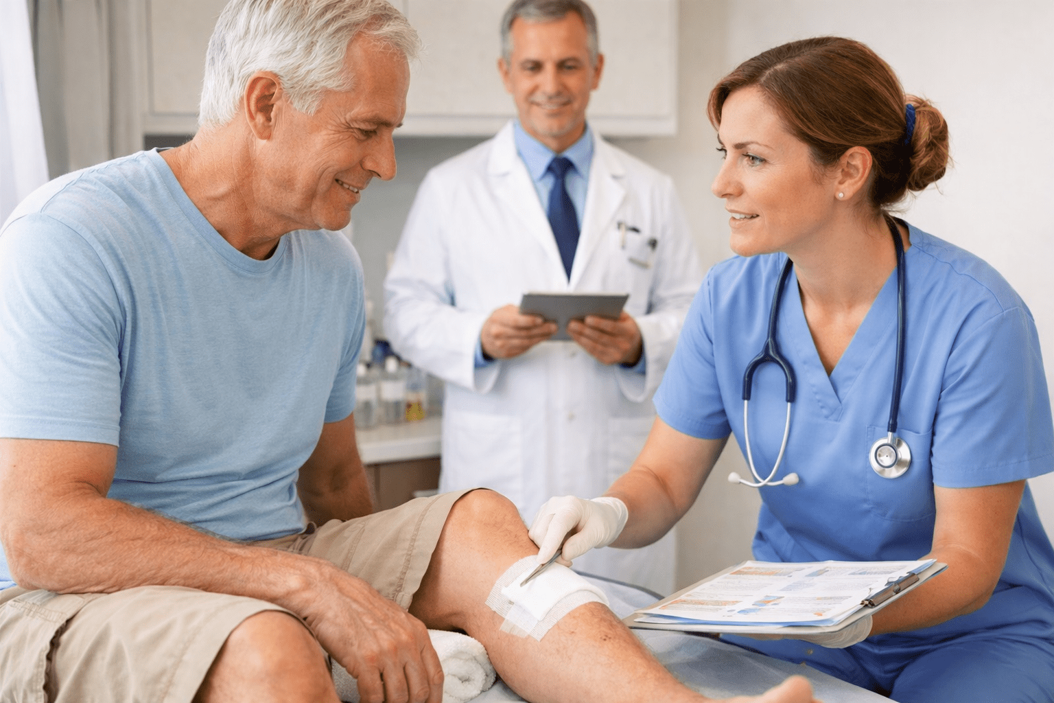 Wound care specialist explaining neuropathic ulcer care treatment to patient during clinical visit